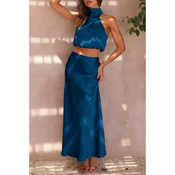 imagePRETTYGARDEN Womens 2 Piece Satin Outfits Summer Sleeveless Mock Neck Crop Tops And Long Skirt Dress SetsDark Blue