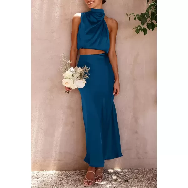 imagePRETTYGARDEN Womens 2 Piece Satin Outfits Summer Sleeveless Mock Neck Crop Tops And Long Skirt Dress SetsDark Blue