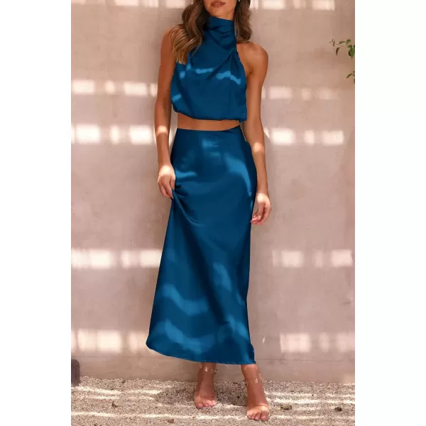imagePRETTYGARDEN Womens 2 Piece Satin Outfits Summer Sleeveless Mock Neck Crop Tops And Long Skirt Dress SetsDark Blue