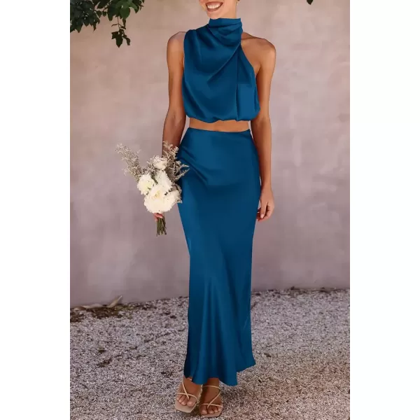 imagePRETTYGARDEN Womens 2 Piece Satin Outfits Summer Sleeveless Mock Neck Crop Tops And Long Skirt Dress SetsDark Blue