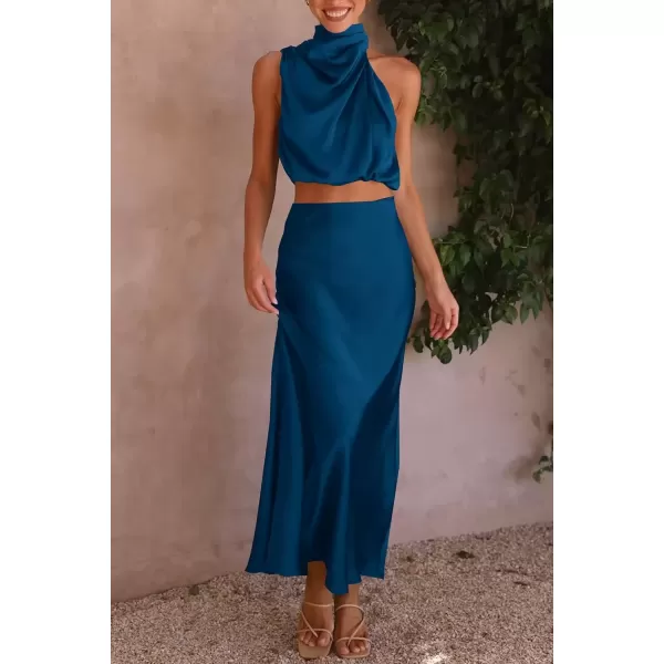 imagePRETTYGARDEN Womens 2 Piece Satin Outfits Summer Sleeveless Mock Neck Crop Tops And Long Skirt Dress SetsDark Blue