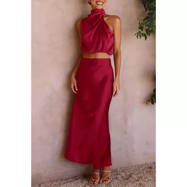 imagePRETTYGARDEN Womens 2 Piece Satin Outfits Summer Sleeveless Mock Neck Crop Tops And Long Skirt Dress SetsDeep Red