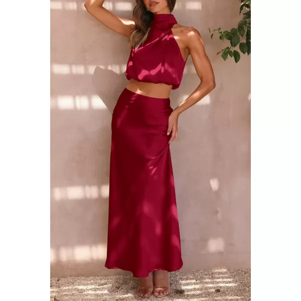 imagePRETTYGARDEN Womens 2 Piece Satin Outfits Summer Sleeveless Mock Neck Crop Tops And Long Skirt Dress SetsDeep Red