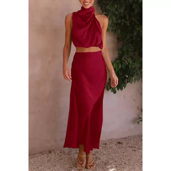 imagePRETTYGARDEN Womens 2 Piece Satin Outfits Summer Sleeveless Mock Neck Crop Tops And Long Skirt Dress SetsDeep Red