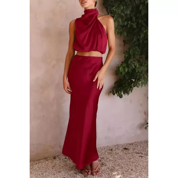 imagePRETTYGARDEN Womens 2 Piece Satin Outfits Summer Sleeveless Mock Neck Crop Tops And Long Skirt Dress SetsDeep Red