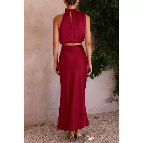 imagePRETTYGARDEN Womens 2 Piece Satin Outfits Summer Sleeveless Mock Neck Crop Tops And Long Skirt Dress SetsDeep Red