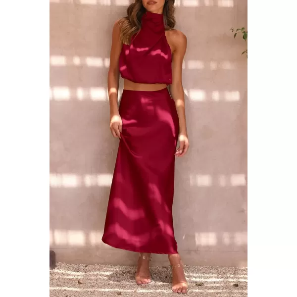 imagePRETTYGARDEN Womens 2 Piece Satin Outfits Summer Sleeveless Mock Neck Crop Tops And Long Skirt Dress SetsDeep Red