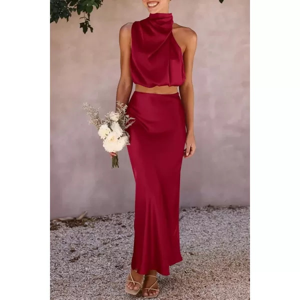imagePRETTYGARDEN Womens 2 Piece Satin Outfits Summer Sleeveless Mock Neck Crop Tops And Long Skirt Dress SetsDeep Red