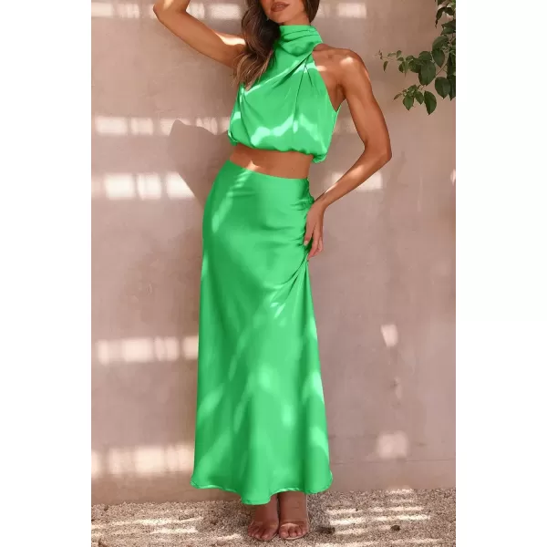 imagePRETTYGARDEN Womens 2 Piece Satin Outfits Summer Sleeveless Mock Neck Crop Tops And Long Skirt Dress SetsGrass Green
