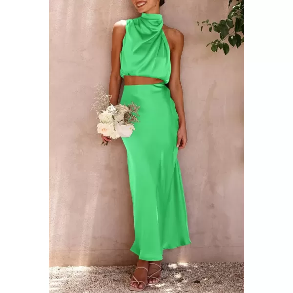 imagePRETTYGARDEN Womens 2 Piece Satin Outfits Summer Sleeveless Mock Neck Crop Tops And Long Skirt Dress SetsGrass Green