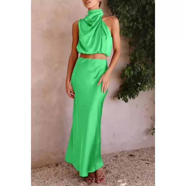 imagePRETTYGARDEN Womens 2 Piece Satin Outfits Summer Sleeveless Mock Neck Crop Tops And Long Skirt Dress SetsGrass Green