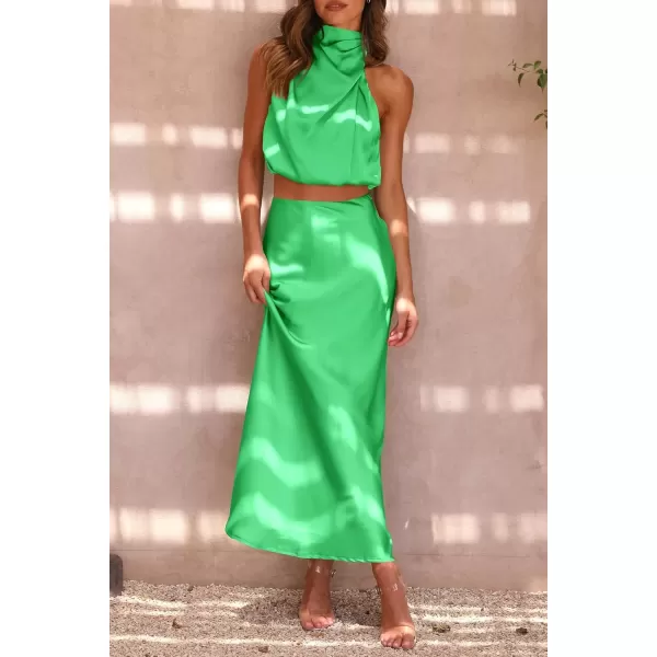 imagePRETTYGARDEN Womens 2 Piece Satin Outfits Summer Sleeveless Mock Neck Crop Tops And Long Skirt Dress SetsGrass Green
