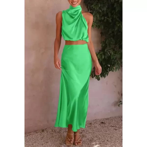 imagePRETTYGARDEN Womens 2 Piece Satin Outfits Summer Sleeveless Mock Neck Crop Tops And Long Skirt Dress SetsGrass Green