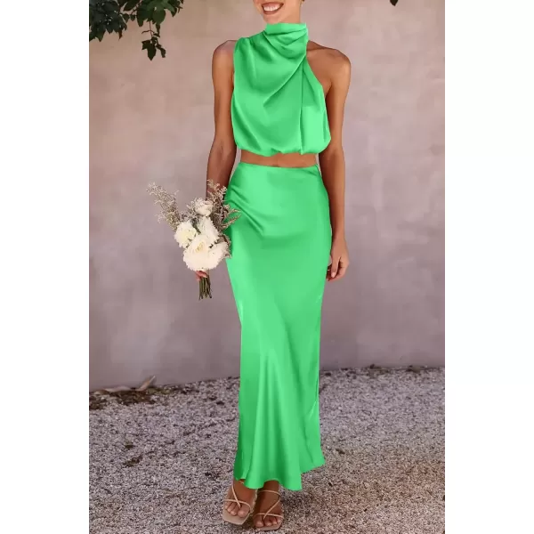 imagePRETTYGARDEN Womens 2 Piece Satin Outfits Summer Sleeveless Mock Neck Crop Tops And Long Skirt Dress SetsGrass Green