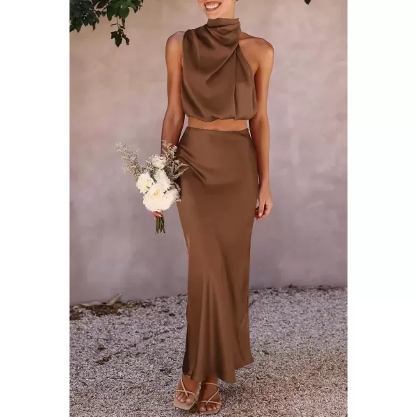 imagePRETTYGARDEN Womens 2 Piece Satin Outfits Summer Sleeveless Mock Neck Crop Tops And Long Skirt Dress SetsKhaki