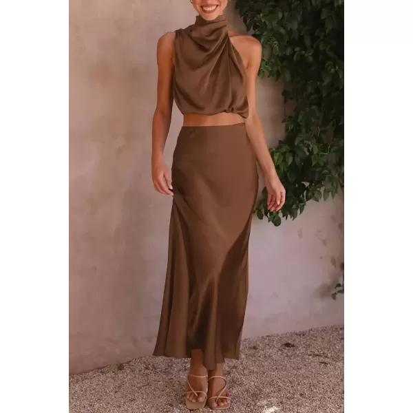 imagePRETTYGARDEN Womens 2 Piece Satin Outfits Summer Sleeveless Mock Neck Crop Tops And Long Skirt Dress SetsKhaki
