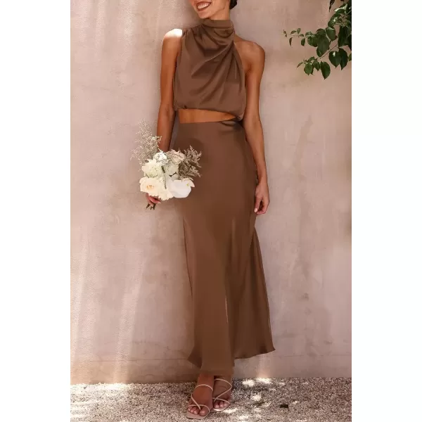 imagePRETTYGARDEN Womens 2 Piece Satin Outfits Summer Sleeveless Mock Neck Crop Tops And Long Skirt Dress SetsKhaki