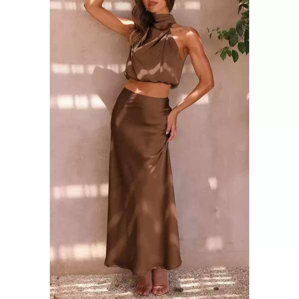 imagePRETTYGARDEN Womens 2 Piece Satin Outfits Summer Sleeveless Mock Neck Crop Tops And Long Skirt Dress SetsKhaki