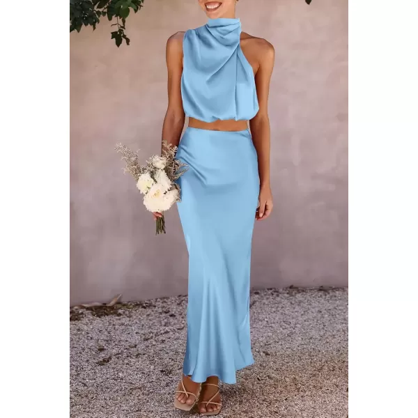 imagePRETTYGARDEN Womens 2 Piece Satin Outfits Summer Sleeveless Mock Neck Crop Tops And Long Skirt Dress SetsLight Blue