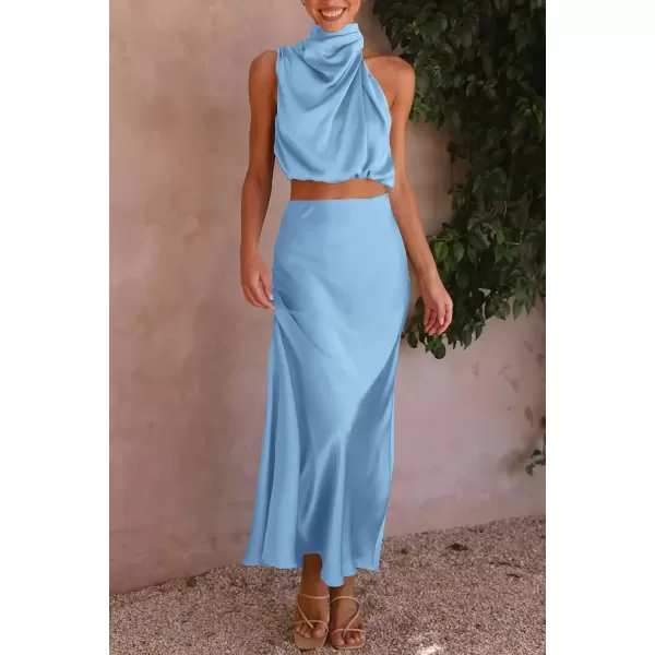 imagePRETTYGARDEN Womens 2 Piece Satin Outfits Summer Sleeveless Mock Neck Crop Tops And Long Skirt Dress SetsLight Blue