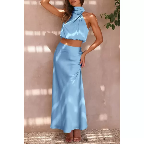 imagePRETTYGARDEN Womens 2 Piece Satin Outfits Summer Sleeveless Mock Neck Crop Tops And Long Skirt Dress SetsLight Blue