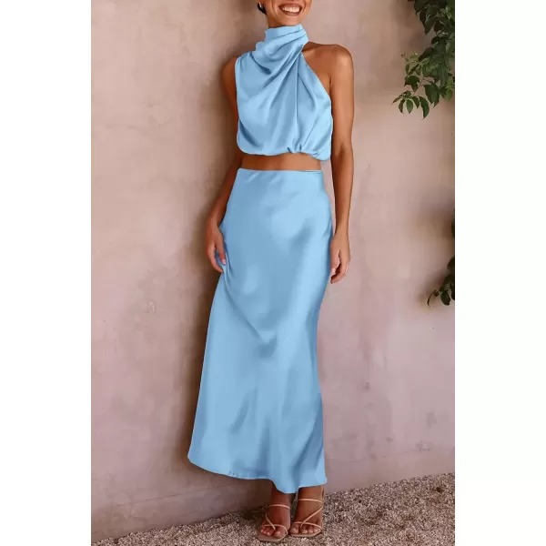 imagePRETTYGARDEN Womens 2 Piece Satin Outfits Summer Sleeveless Mock Neck Crop Tops And Long Skirt Dress SetsLight Blue