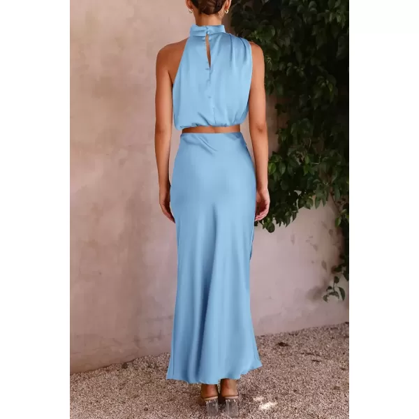 imagePRETTYGARDEN Womens 2 Piece Satin Outfits Summer Sleeveless Mock Neck Crop Tops And Long Skirt Dress SetsLight Blue