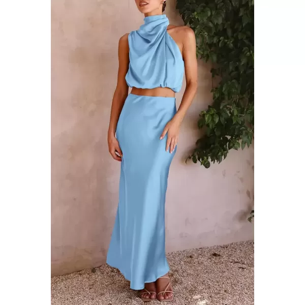 imagePRETTYGARDEN Womens 2 Piece Satin Outfits Summer Sleeveless Mock Neck Crop Tops And Long Skirt Dress SetsLight Blue