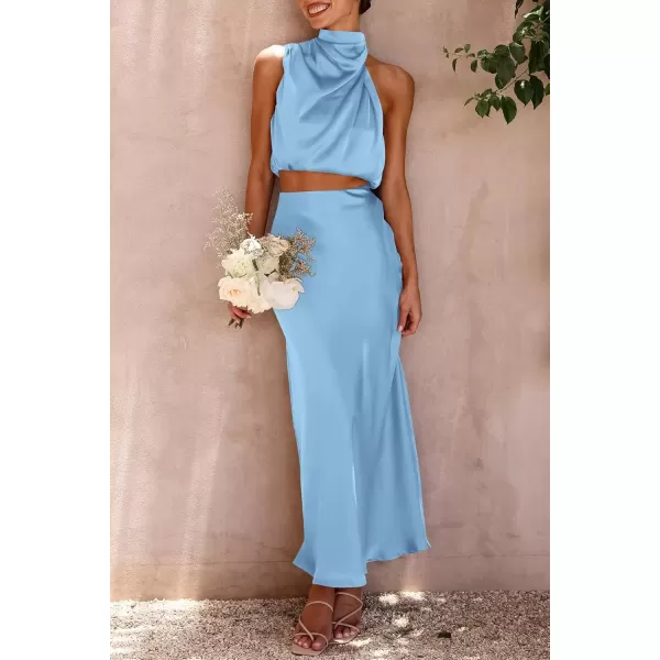 imagePRETTYGARDEN Womens 2 Piece Satin Outfits Summer Sleeveless Mock Neck Crop Tops And Long Skirt Dress SetsLight Blue