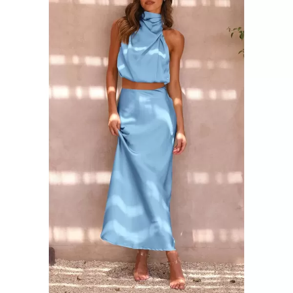imagePRETTYGARDEN Womens 2 Piece Satin Outfits Summer Sleeveless Mock Neck Crop Tops And Long Skirt Dress SetsLight Blue