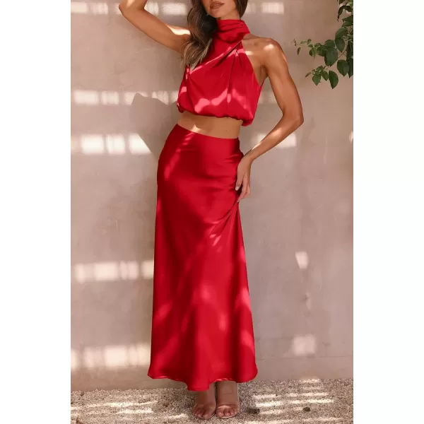 imagePRETTYGARDEN Womens 2 Piece Satin Outfits Summer Sleeveless Mock Neck Crop Tops And Long Skirt Dress SetsRed
