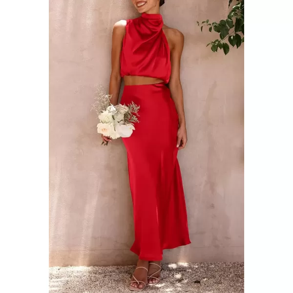 imagePRETTYGARDEN Womens 2 Piece Satin Outfits Summer Sleeveless Mock Neck Crop Tops And Long Skirt Dress SetsRed