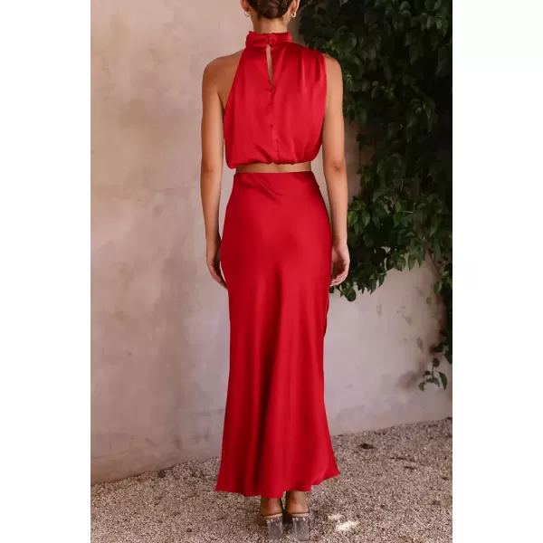 imagePRETTYGARDEN Womens 2 Piece Satin Outfits Summer Sleeveless Mock Neck Crop Tops And Long Skirt Dress SetsRed