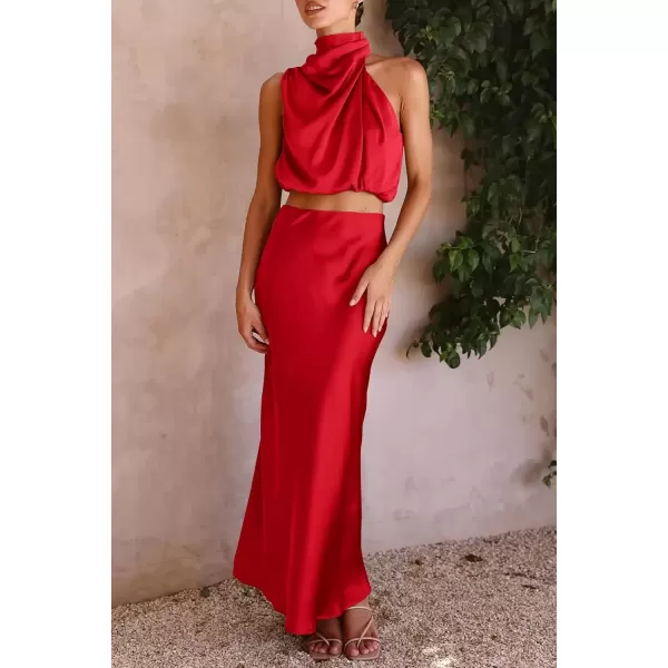 imagePRETTYGARDEN Womens 2 Piece Satin Outfits Summer Sleeveless Mock Neck Crop Tops And Long Skirt Dress SetsRed