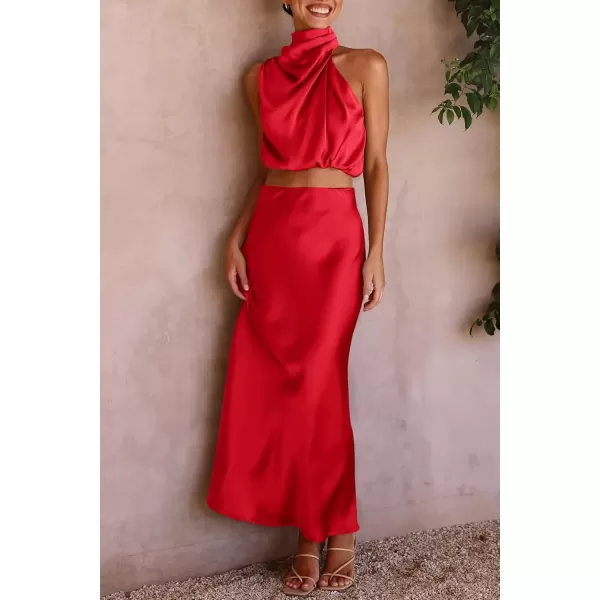 imagePRETTYGARDEN Womens 2 Piece Satin Outfits Summer Sleeveless Mock Neck Crop Tops And Long Skirt Dress SetsRed