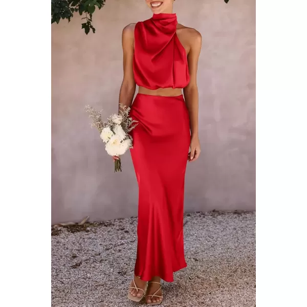 imagePRETTYGARDEN Womens 2 Piece Satin Outfits Summer Sleeveless Mock Neck Crop Tops And Long Skirt Dress SetsRed