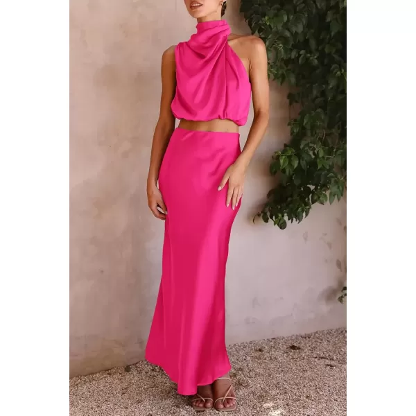 imagePRETTYGARDEN Womens 2 Piece Satin Outfits Summer Sleeveless Mock Neck Crop Tops And Long Skirt Dress SetsRose Red