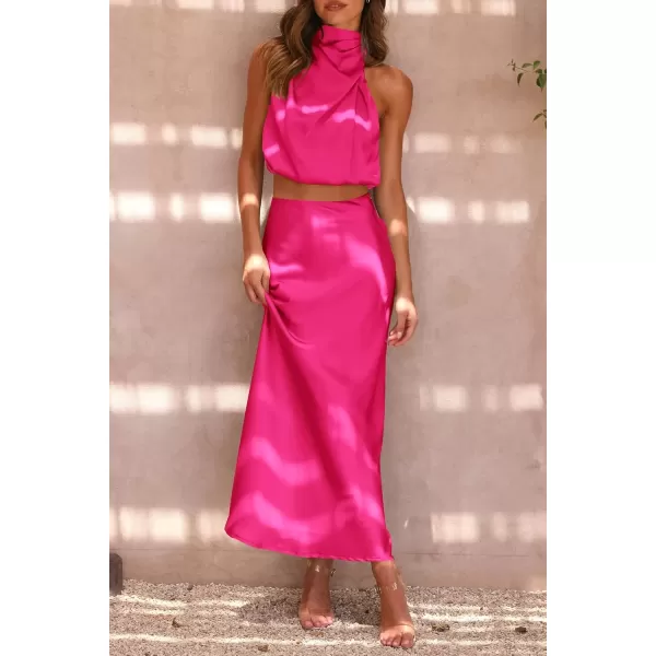 imagePRETTYGARDEN Womens 2 Piece Satin Outfits Summer Sleeveless Mock Neck Crop Tops And Long Skirt Dress SetsRose Red