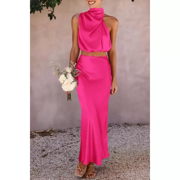 imagePRETTYGARDEN Womens 2 Piece Satin Outfits Summer Sleeveless Mock Neck Crop Tops And Long Skirt Dress SetsRose Red