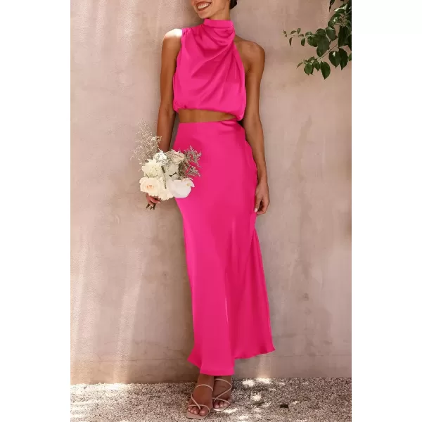 imagePRETTYGARDEN Womens 2 Piece Satin Outfits Summer Sleeveless Mock Neck Crop Tops And Long Skirt Dress SetsRose Red