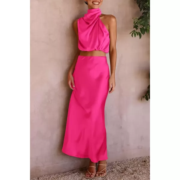 imagePRETTYGARDEN Womens 2 Piece Satin Outfits Summer Sleeveless Mock Neck Crop Tops And Long Skirt Dress SetsRose Red