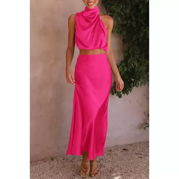 imagePRETTYGARDEN Womens 2 Piece Satin Outfits Summer Sleeveless Mock Neck Crop Tops And Long Skirt Dress SetsRose Red