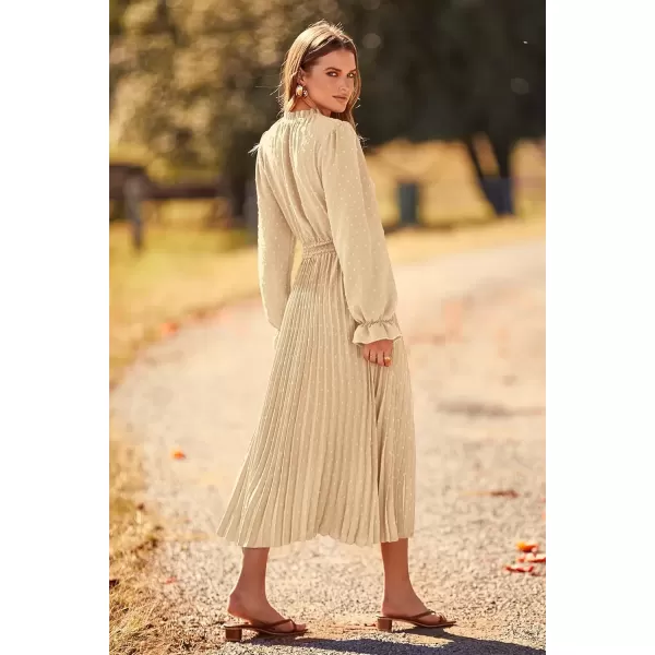 imagePRETTYGARDEN Womens 2024 Fall Midi Dress Casual Long Sleeve V Neck Swiss Dot Pleated A Line Flowy DressesApricot