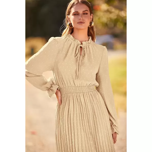 imagePRETTYGARDEN Womens 2024 Fall Midi Dress Casual Long Sleeve V Neck Swiss Dot Pleated A Line Flowy DressesApricot