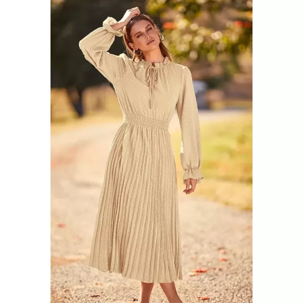 imagePRETTYGARDEN Womens 2024 Fall Midi Dress Casual Long Sleeve V Neck Swiss Dot Pleated A Line Flowy DressesApricot