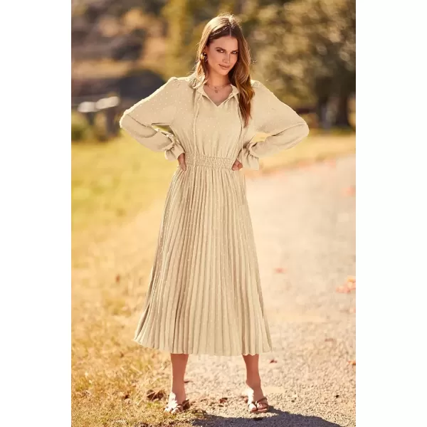 imagePRETTYGARDEN Womens 2024 Fall Midi Dress Casual Long Sleeve V Neck Swiss Dot Pleated A Line Flowy DressesApricot