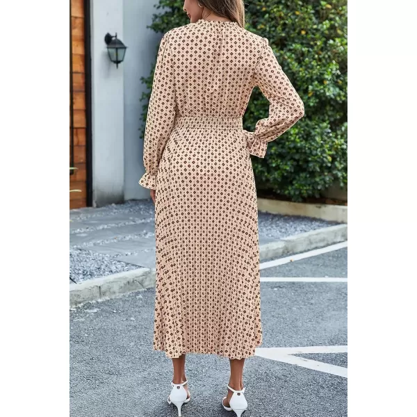 imagePRETTYGARDEN Womens 2024 Fall Midi Dress Casual Long Sleeve V Neck Swiss Dot Pleated A Line Flowy DressesApricot Brown Floral