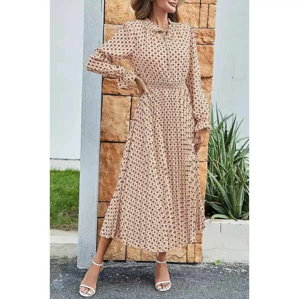 imagePRETTYGARDEN Womens 2024 Fall Midi Dress Casual Long Sleeve V Neck Swiss Dot Pleated A Line Flowy DressesApricot Brown Floral