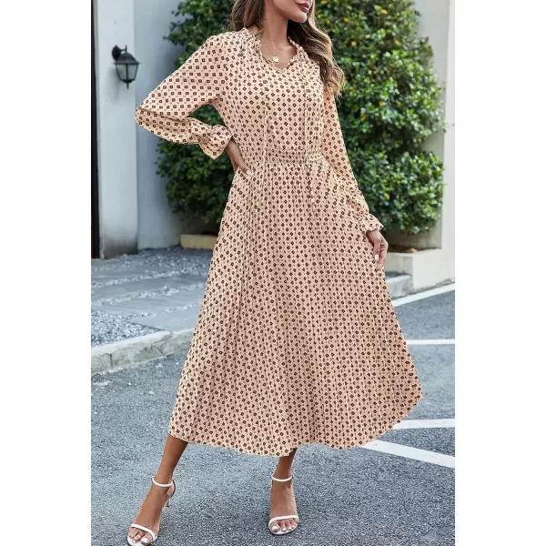 imagePRETTYGARDEN Womens 2024 Fall Midi Dress Casual Long Sleeve V Neck Swiss Dot Pleated A Line Flowy DressesApricot Brown Floral