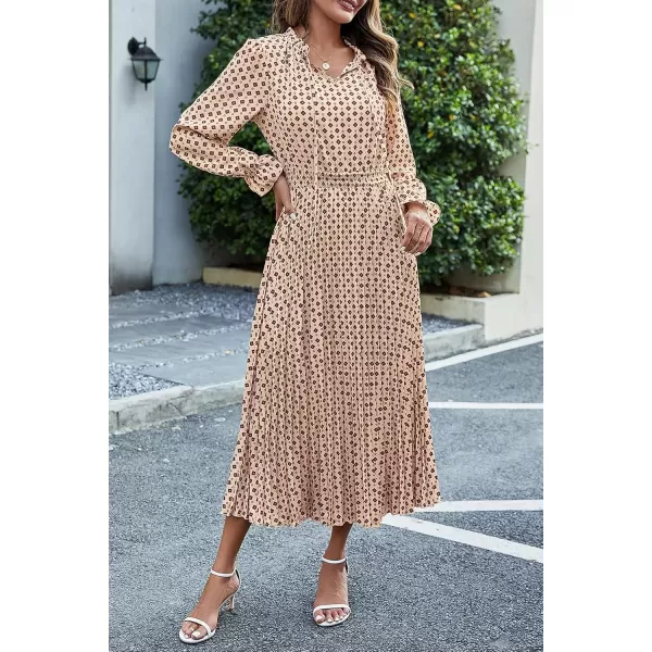 imagePRETTYGARDEN Womens 2024 Fall Midi Dress Casual Long Sleeve V Neck Swiss Dot Pleated A Line Flowy DressesApricot Brown Floral